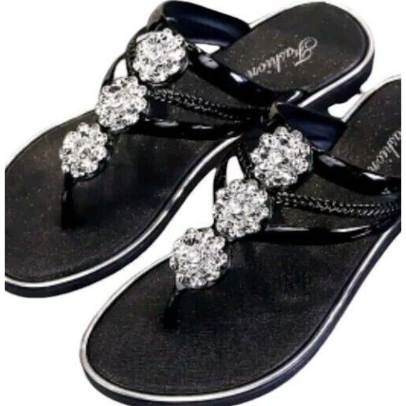 Women's (Bling!)-(Rhinestone)-(Flower)-(Flip Flops)-(Black)-(Size:9.5)-(New)-$30 - Picture 3 of 7